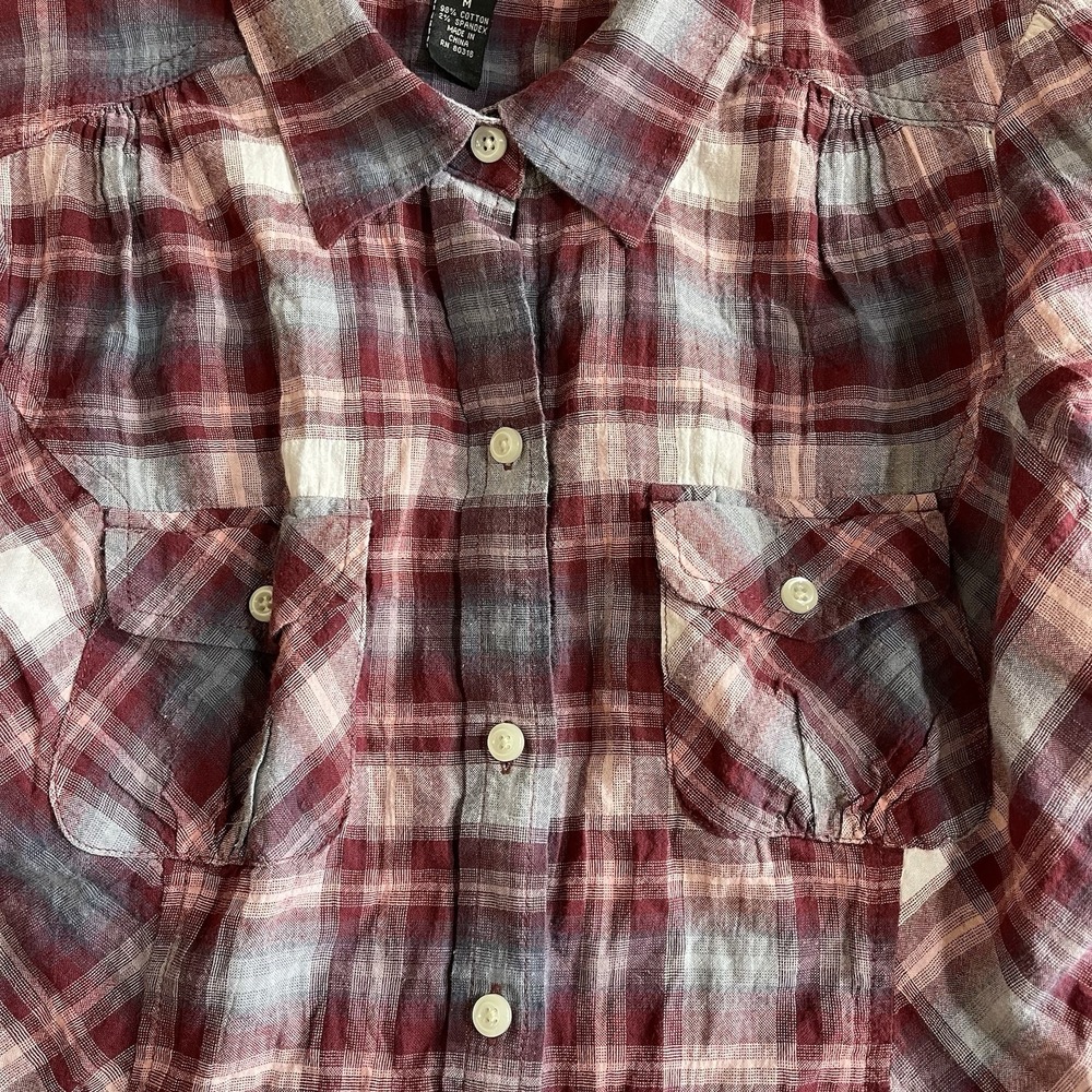 Lucky Brand Blouse Women's Medium Button Up Long Sleeve Plaid‎ Red Pink - Picture 7 of 7
